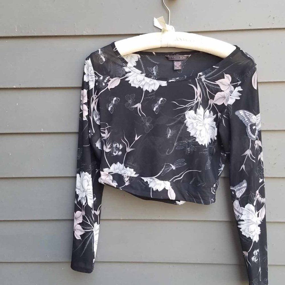 Victoria's Secret Sheer Black Floral Crop Top Size Large